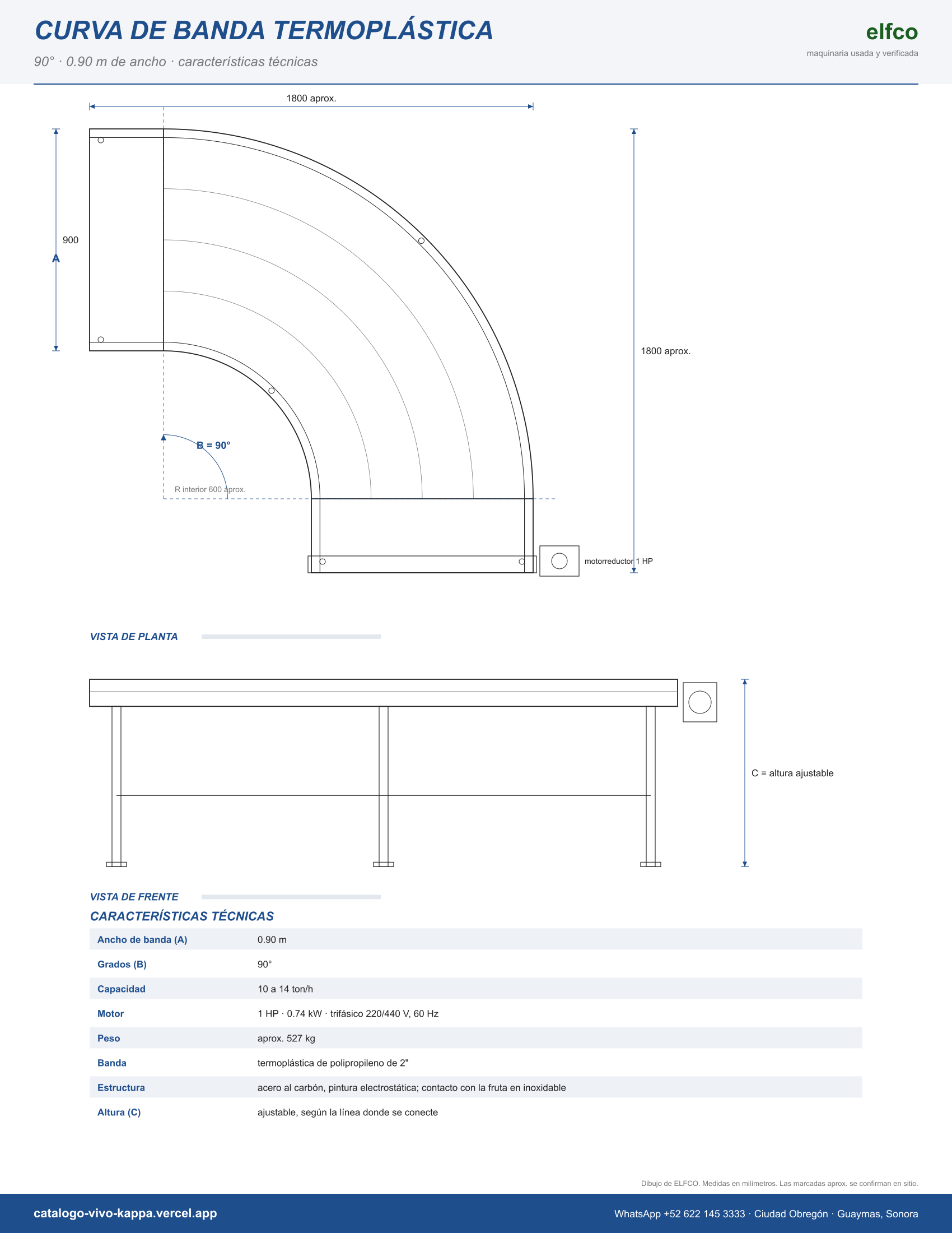 Plano ELFCO de Curva de banda termoplástica 90° — 0.90 m de ancho (CIU)