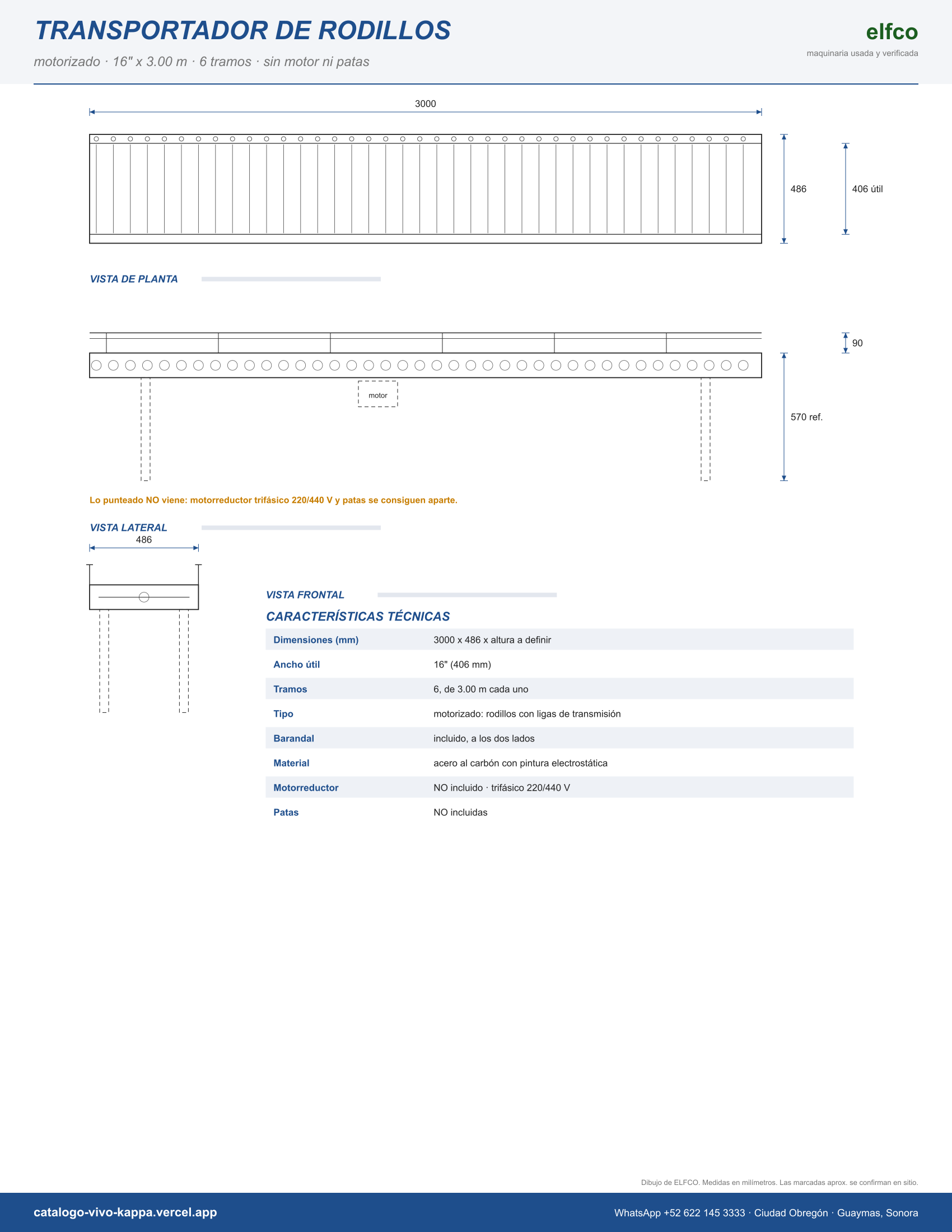 Plano ELFCO de Transportadores de rodillos motorizados — 16" x 3.00 m, 6 tramos (CIU, sin motor ni patas)